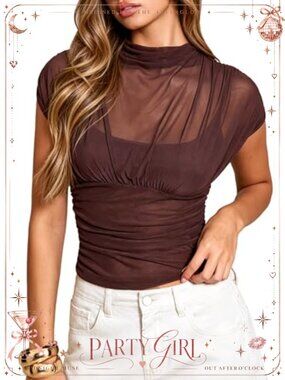 Sheer Mesh Crop Top Mock Neck Ruched Waist Double Lined Going Out Club Shirt